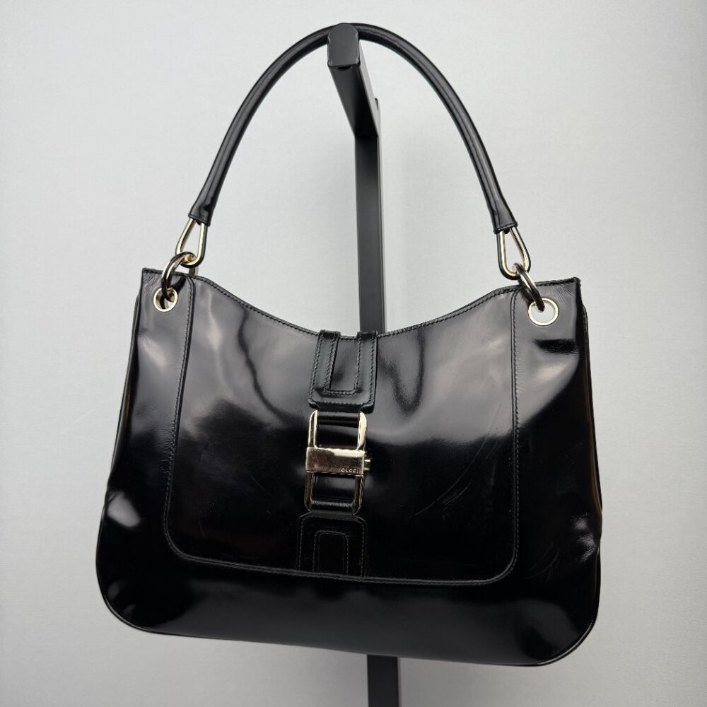 Gucci Patent Leather Jackie Shoulder Bag Gold HW